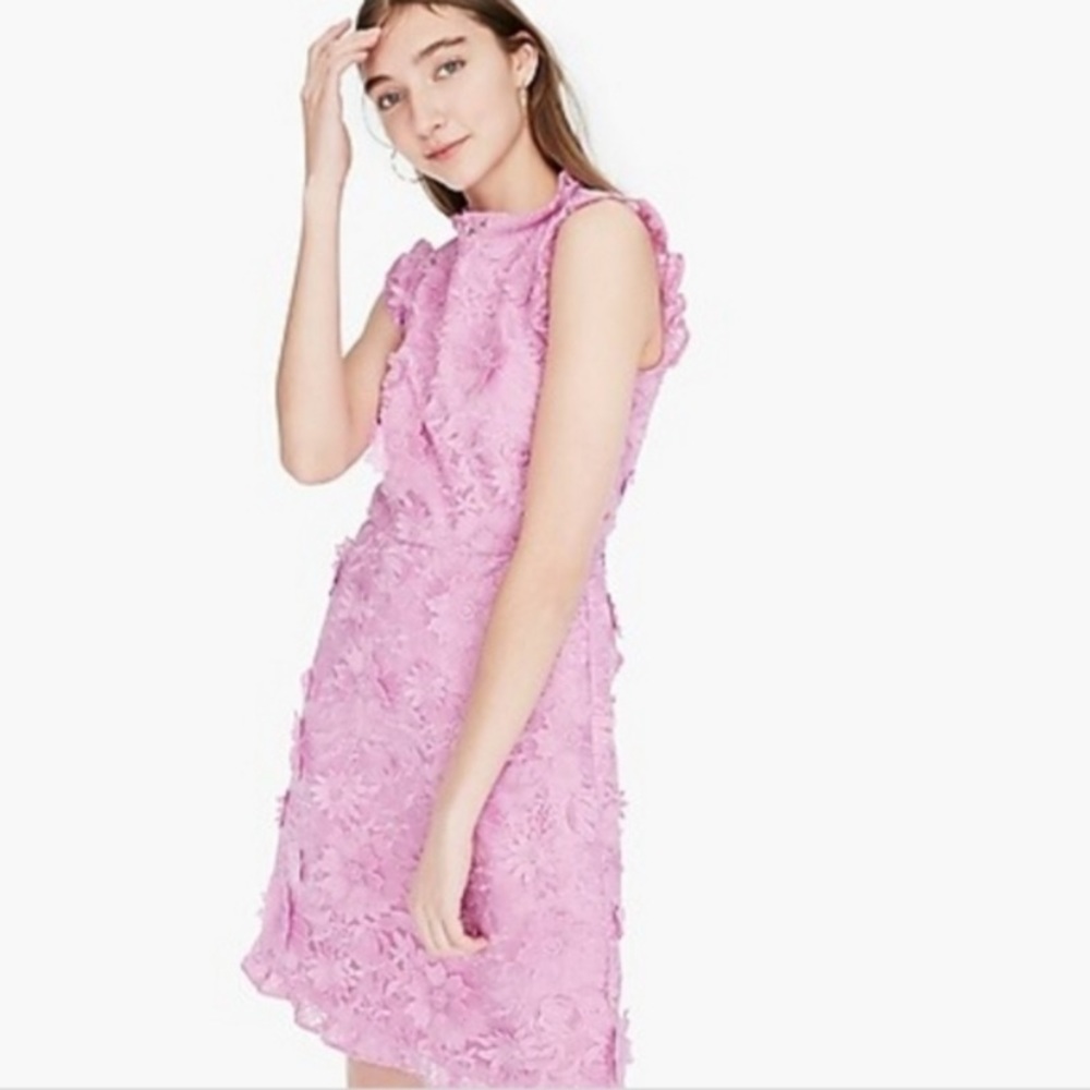 NWT J. Crew pink/purple floral appliqué cocktail dress size 10! Ruffle neck!